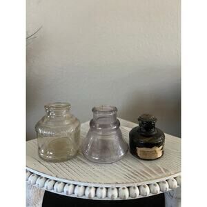 Vintage Set of 3 Glass Ink Well Bottles – Clear & Dark Glass